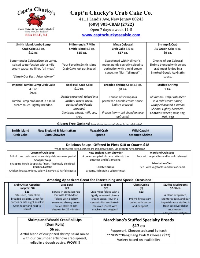 Captn Chuckys Sea Isle june 2026 Menu page 1
